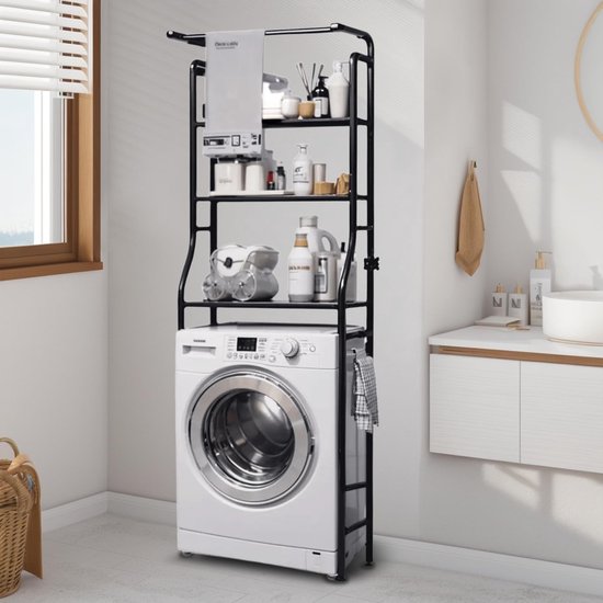 Azomor® Ruimtebesparend Wasmachinerek met Drie Planken en Handdoekhouder