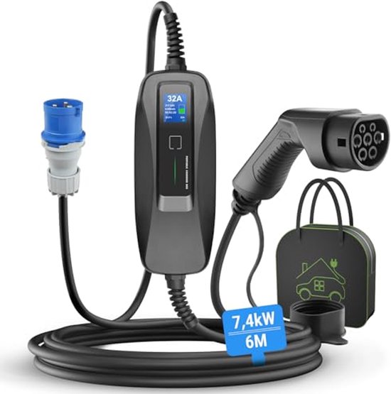 dé Ladekabel Typ 2 Schuko 3,68kW[1-phasig, 25m, 6-16A] EV Chargers mit Steuerbarer Digitalanzeige für Elektroauto, Ladekabel e Auto für Model 3/Y, ID.3, ID.4, ID.5, MG4, Q4, Gla und Anderen PHEV/EV