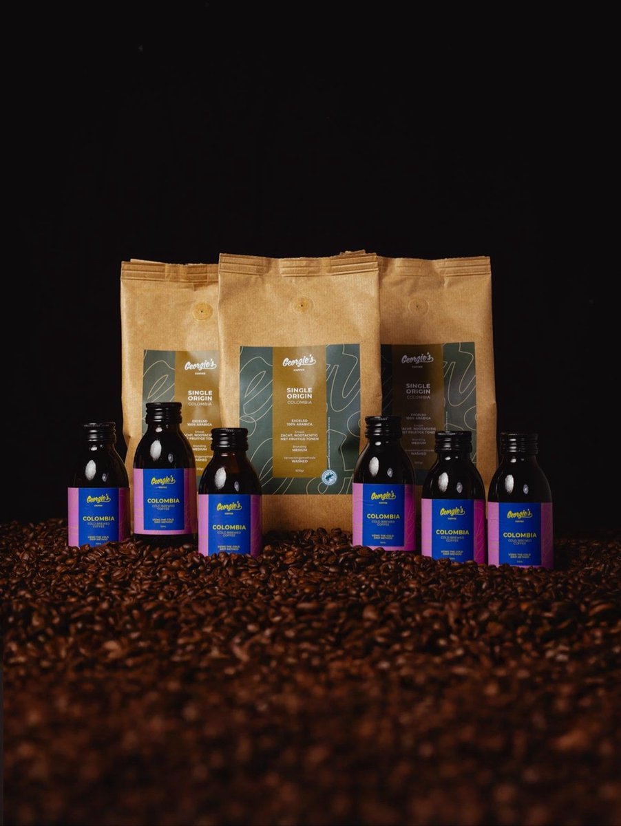 Georgie's Viva Colombia Maxi - Proefpakket Koffiebonen en Cold Brew Koffie Proefpakket - 3x500g Colombia Koffiebonen (1,5kg totaal) & 6x125ml (6 stuks Cold Brew Koffie) - 100% Arabica - Fruitig & Nootachtig - Mix van Cold Drip Koffie & Koffiebonen