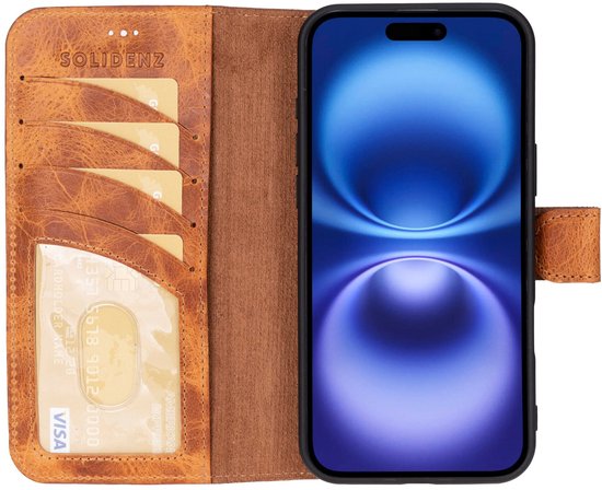 Étui en cuir iPhone 16 Plus - Solidenz Bookcase Étui en cuir iPhone 16 Plus - Cuir véritable - Étui téléphone avec porte-cartes - Étui en cuir pleine fleur - Marron clair