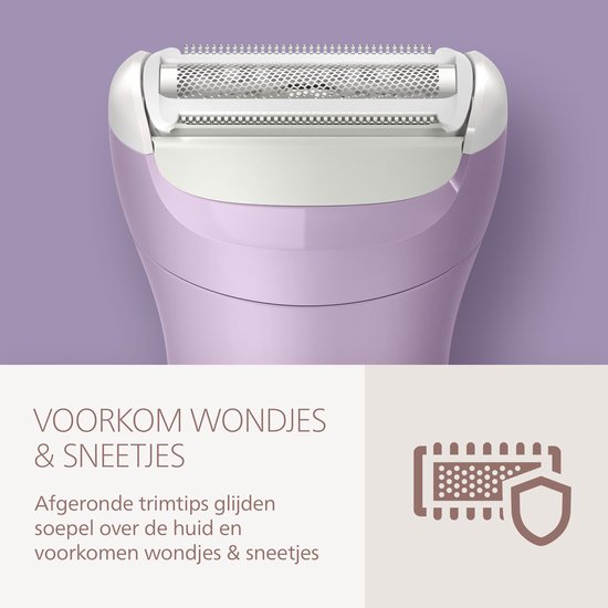 Close-up van de paarse lady shaver, met het scheerhoofd dat de huid beschermt.