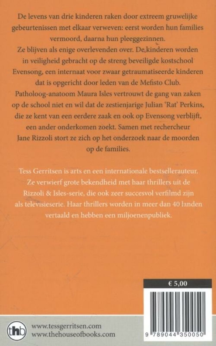 Boek met een oranje achtergrond. Tekst over Tess Gerritsen en haar boek 'De laatste sterft'. Prijs: € 5,00. ISBN: 97890444350050.