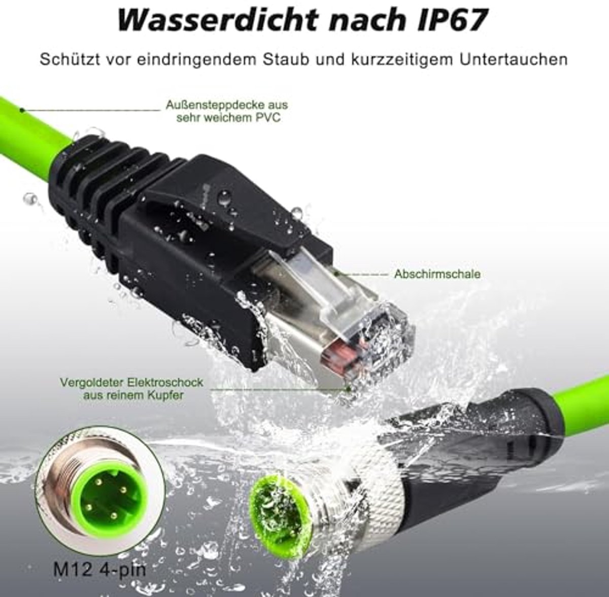 4-polige D-code stekker naar RJ45 ethernetkabel, CAT5E waterdicht SFTP dubbel afgeschermd 1 m groen