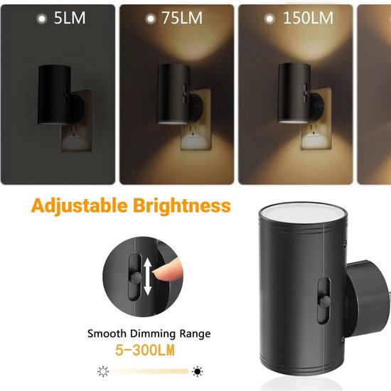 2 stuks LED-nachtlampjes met stekker - Nachtlampjes met stekker, schemersensor - 5-300 lm, instelbare helderheid - 2700K - Dimbare nachtlampjes voor keuken, hal, slaapkamer en trap — afbeelding 3