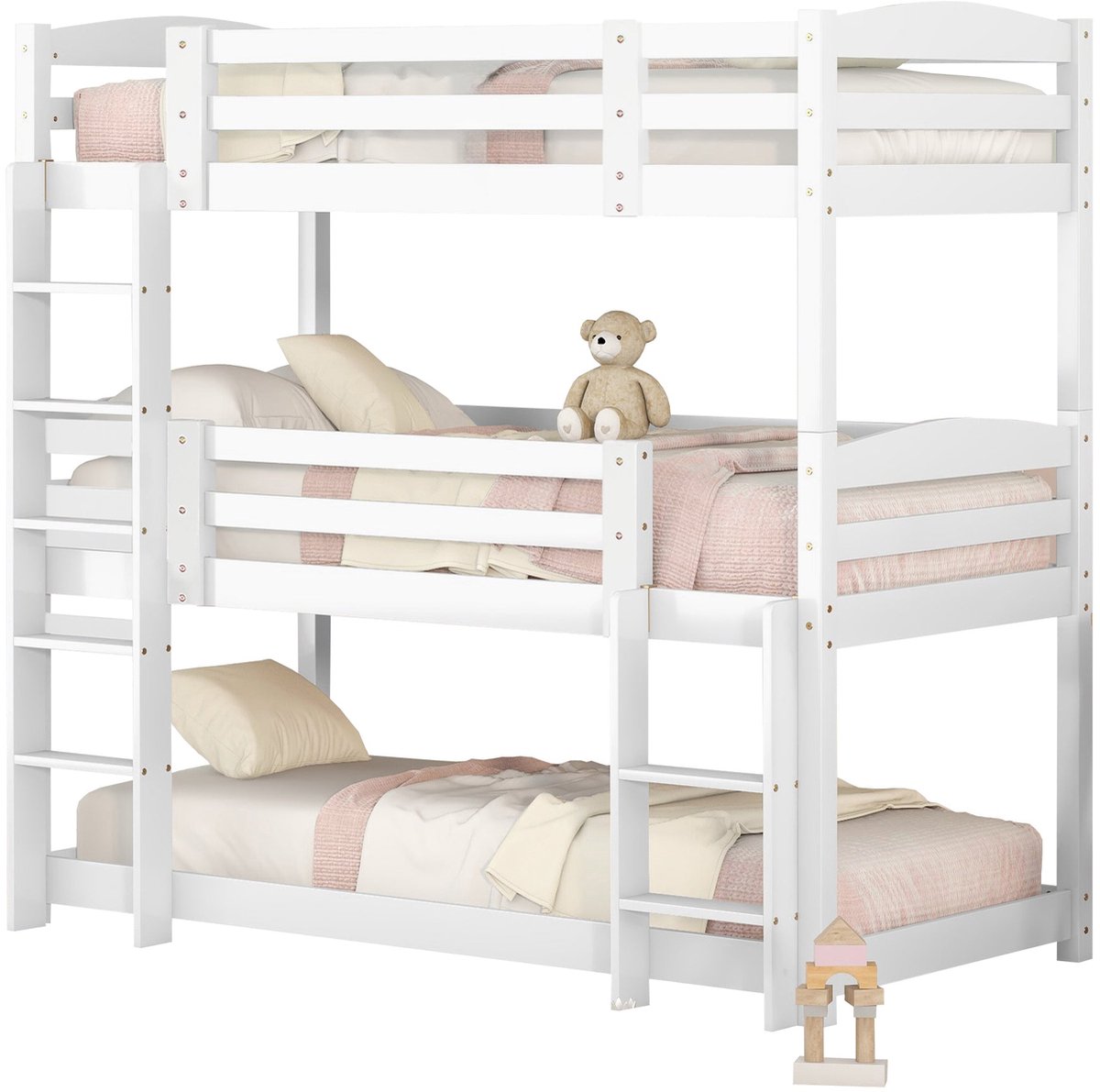 Merax Stapelbed voor Kinderen 90x200 - Houten Driepersoons Stapelbed - Zonder Matras - Wit