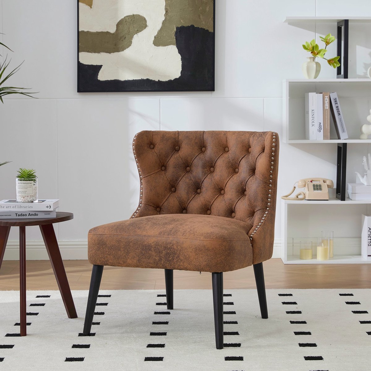 Merax Tech Stof Enkel Sofa Stoel - Moderne Stoel Zonder Armleuningen - Knopen Design met Nieten Afwerking - Massief Houten Poten - Comfortabele Fauteuil voor Woonkamer of Slaapkamer - Koffiekleur