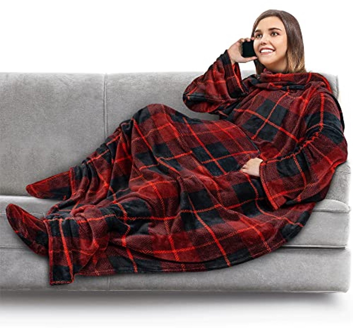 Fleece deken met mouwen en voetzakken voor volwassenen - Draagbare pluche knuffeldeken, gewaad en gezellige cadeau-ideeën