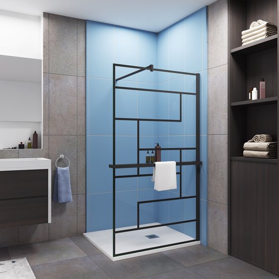 Industriële inloopdouchewand 100x200cm-onregelmatig blokpatroon-8mm easy clean glas-planchet-F-stabilisatiestang 140cm-Snijbaar-mat zwart