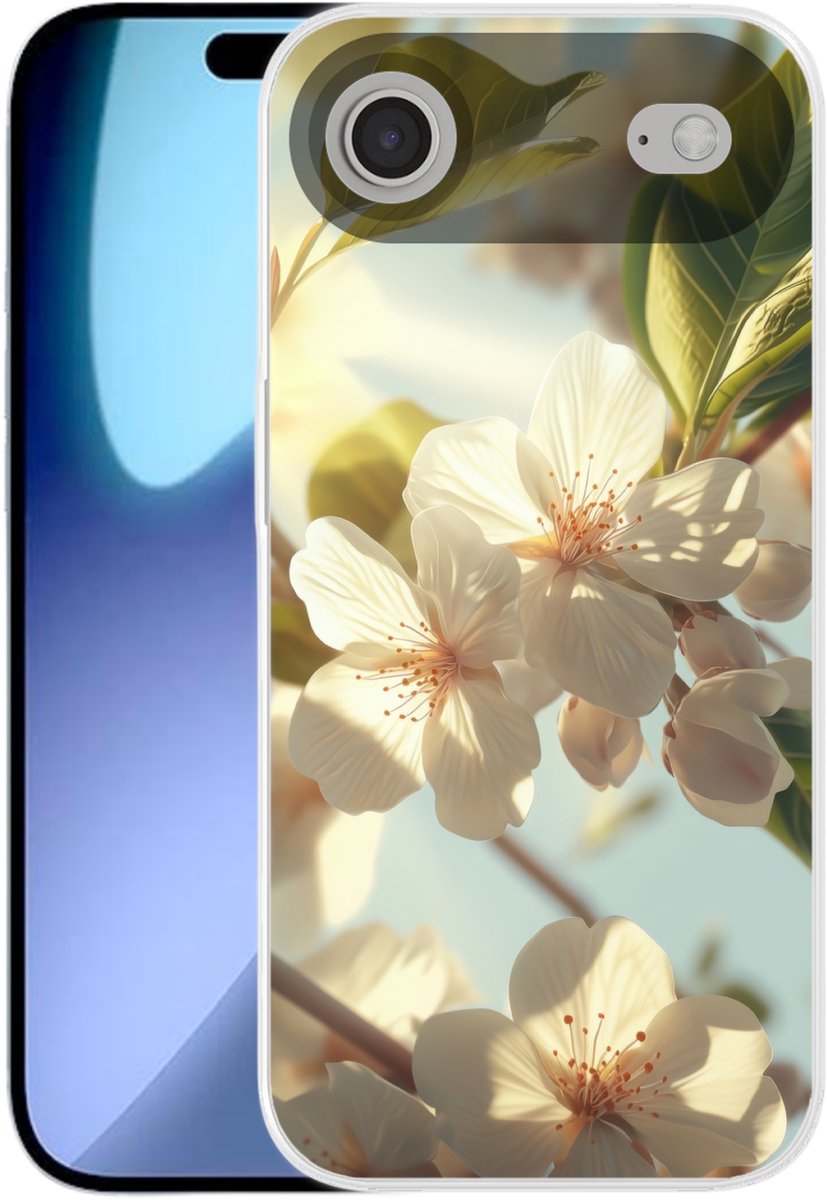 Telefoonhoesje Geschikt voor iPhone Air hoesje - Bloesems - Wit - Zonnestralen - Bloemblaadjes - Siliconen Telefoonhoesje Telefoonhoesje