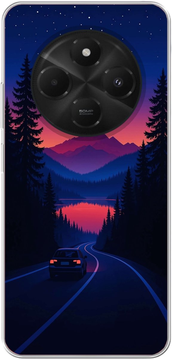 Telefoonhoesje Geschikt voor Xiaomi Geschikt voor Poco C75 hoesje - Auto - Donkere dennenbomen - Zonsondergang - Siliconen Telefoonhoesje Telefoonhoesje