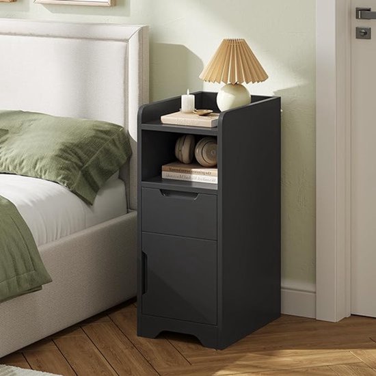 Foto: Nachtkastje set van 2 smal nachtkastje set van 2 met 1 open vak 1 lade en 1 kast met deur bijzettafel smalle banktafel nachtstand voor slaapkamer woonkamer zwart