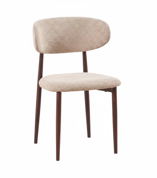 Chaise de salle à manger avec dossier incurvé en tissu et assise beige, pieds en bois marron.