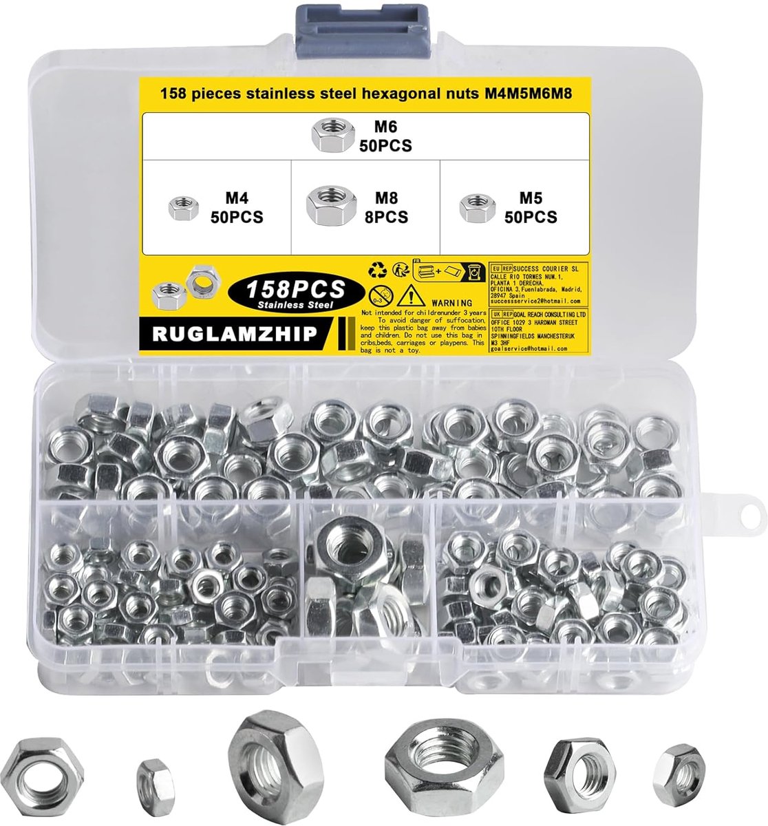 YEEZET 572-delige set met schroeven en moeren, sluitringenset voor zeskantschroeven M5, M6, M8, 13 maten, geel verzinkt, klasse 8.8