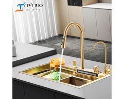 Cascade Color Gold Enkele wastafel 68 x 45 cm van nano-roestvrij staal met uittrekbare waterkraan goud complete set met accessoires, multifunctionele werkplek voor de keuken mode