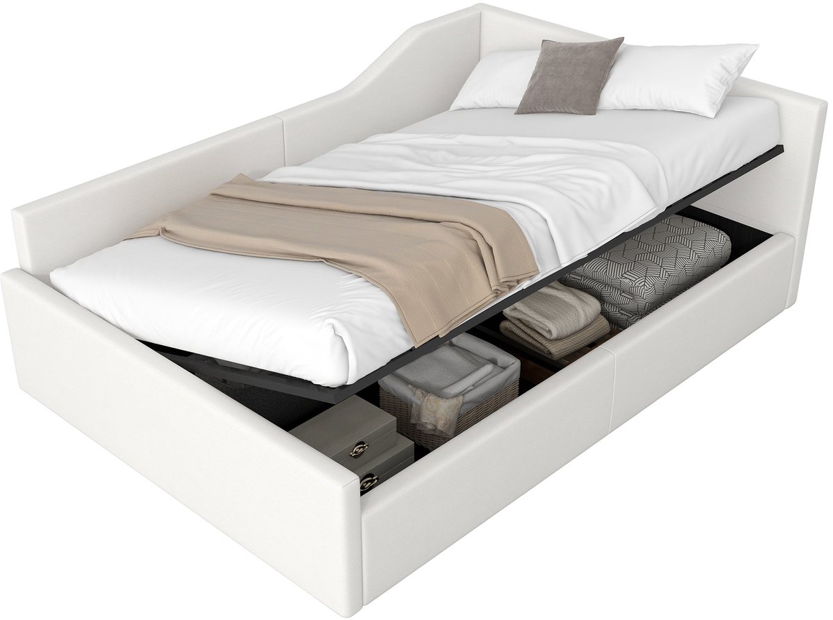 Merax Gestoffeerd Dagbed - 140x200 cm - Beige Bed met Opbergruimte - Comfortabel Linnen Bed met Houten Frame - Modern Slaapbank Design