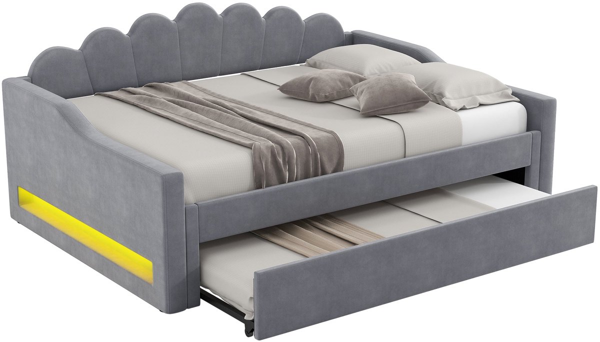 Merax Gestoffeerd Dagbed - 140x200 cm - Grijs Bed met LED Verlichting en Uitrolbed - Comfortabel Linnen Bed met Houten Frame