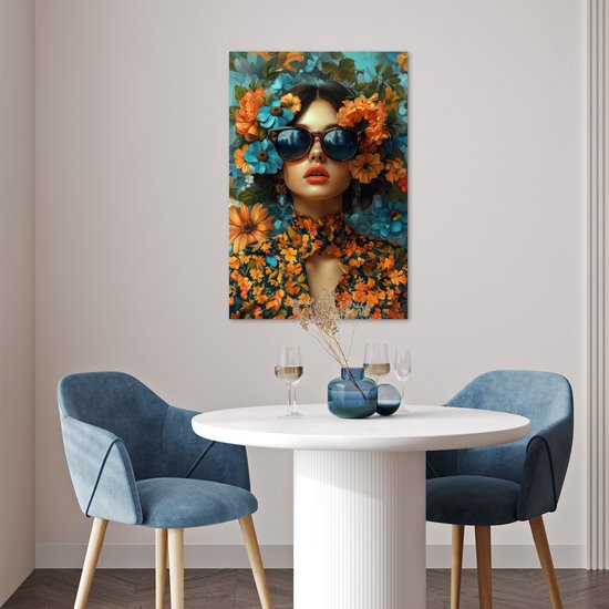 Affiche 40x60 cm - Femme - Fleurs - Oranje - Blauw - Moderne - Posters - Décoration chambre - Décoration murale salon - Décoration murale chambre