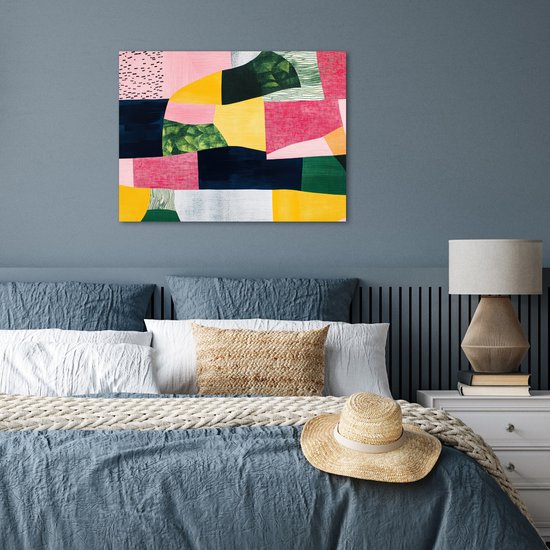 Poster 80x60 cm - Abstract - Roze - Lappen - Vormen - Geel - Posters - Kamer decoratie - Wanddecoratie woonkamer - Muurdecoratie slaapkamer