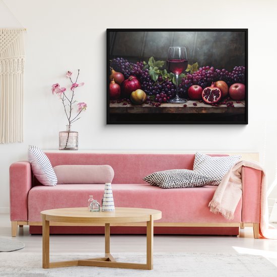 Affiche encadrée - Cadre photo 120x80 cm - Posters - Vin - Fruits - Nature morte - Poster cadre noir - Décoration - Décoration murale salon - Décoration murale chambre