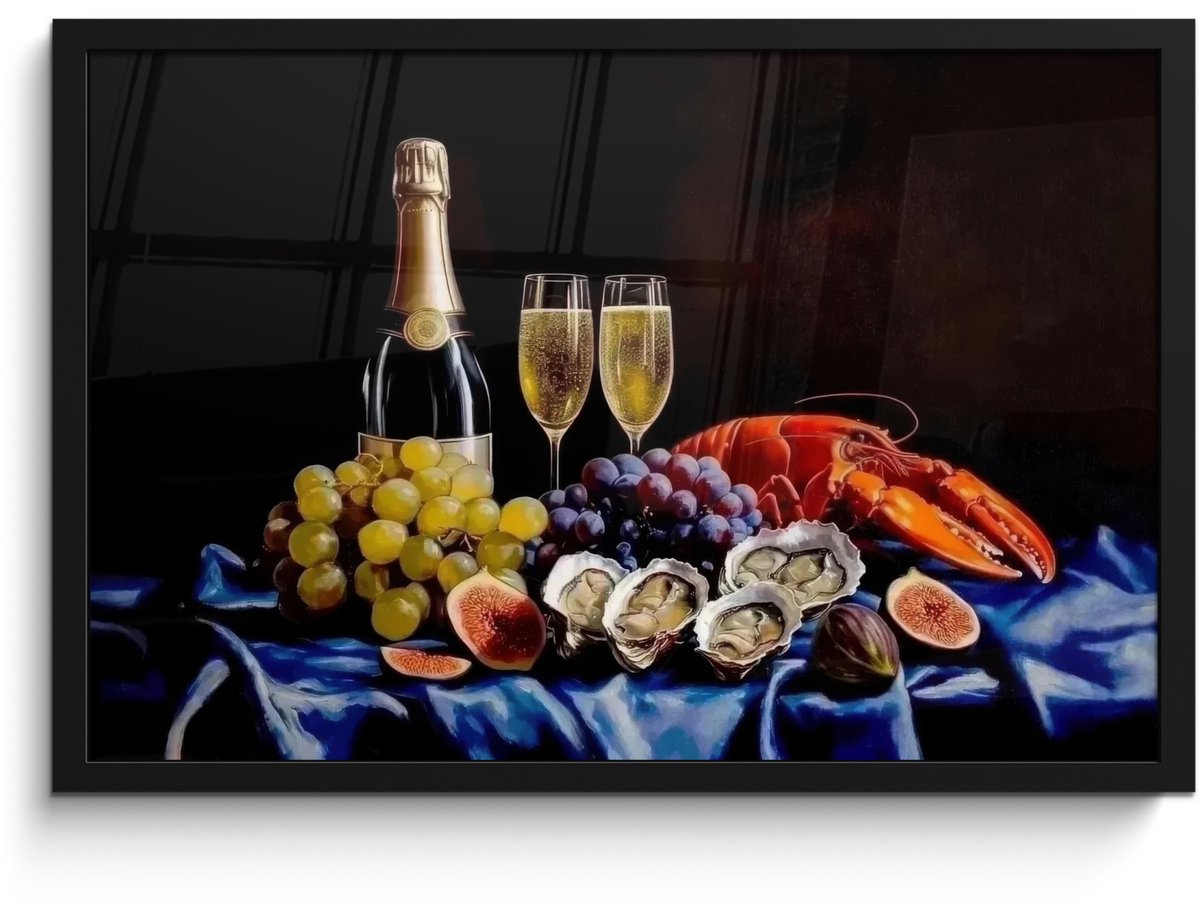 FrameYourWall Poster in lijst - Fotolijst 60x40 cm - Posters - Champagne - Luxe - Oesters - Posterlijst zwart - Decoratie - Wanddecoratie woonkamer - Muurdecoratie slaapkamer Champagne - Stilleven