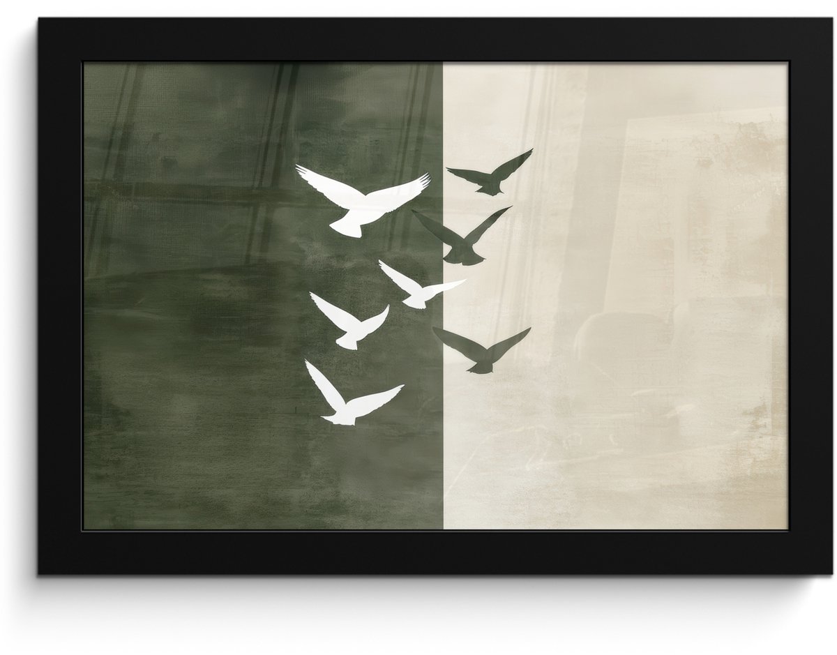 FrameYourWall Poster in lijst - Fotolijst 30x20 cm - Posters - Japandi - Vogel - Groen - Posterlijst zwart - Decoratie - Wanddecoratie woonkamer - Muurdecoratie slaapkamer Vogels