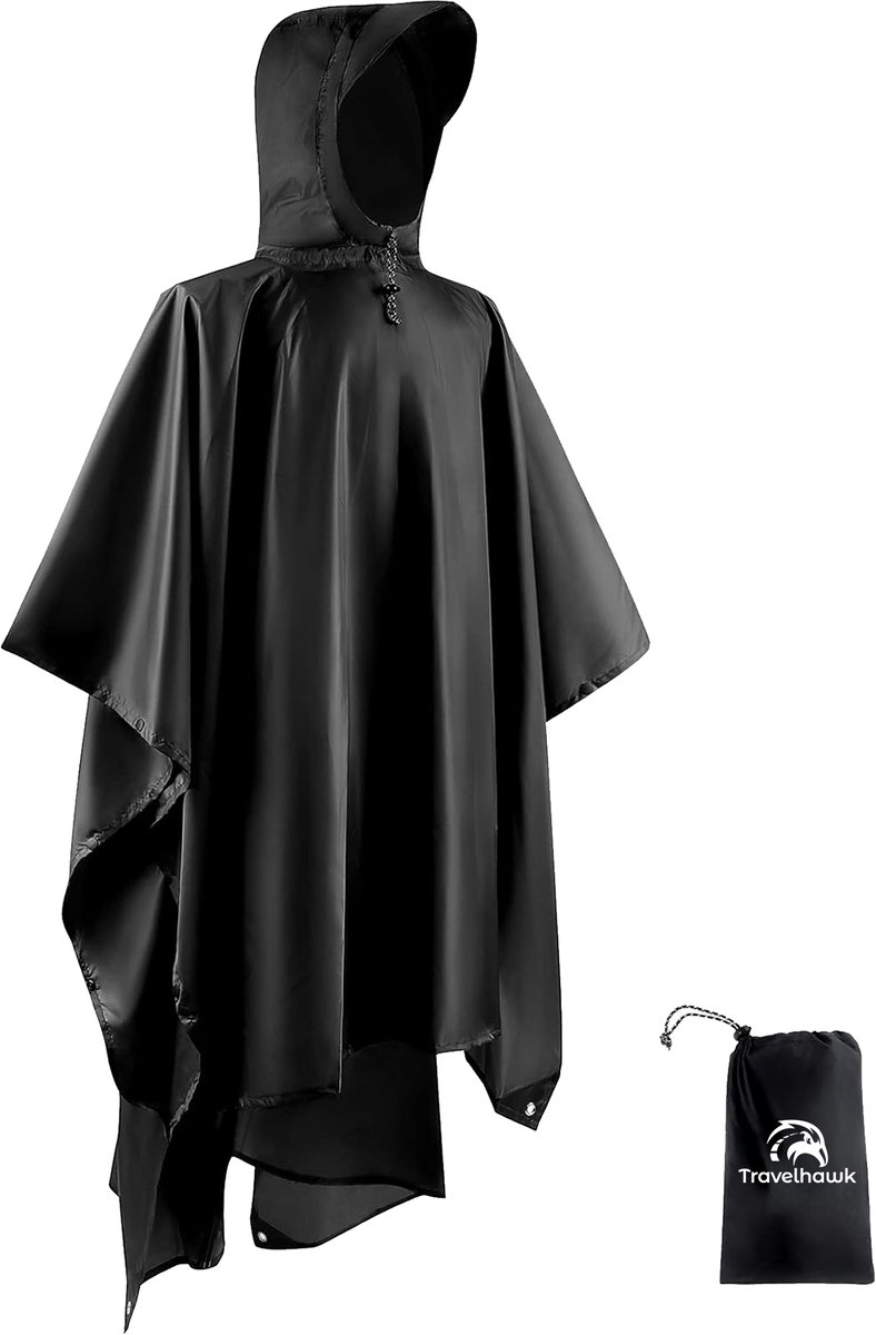 Travelhawk Poncho - Regenponcho Volwassenen - Fietsponcho - Regenponch Fiets - Herkbruikbaar - Unisex - Waterdicht - Zwart