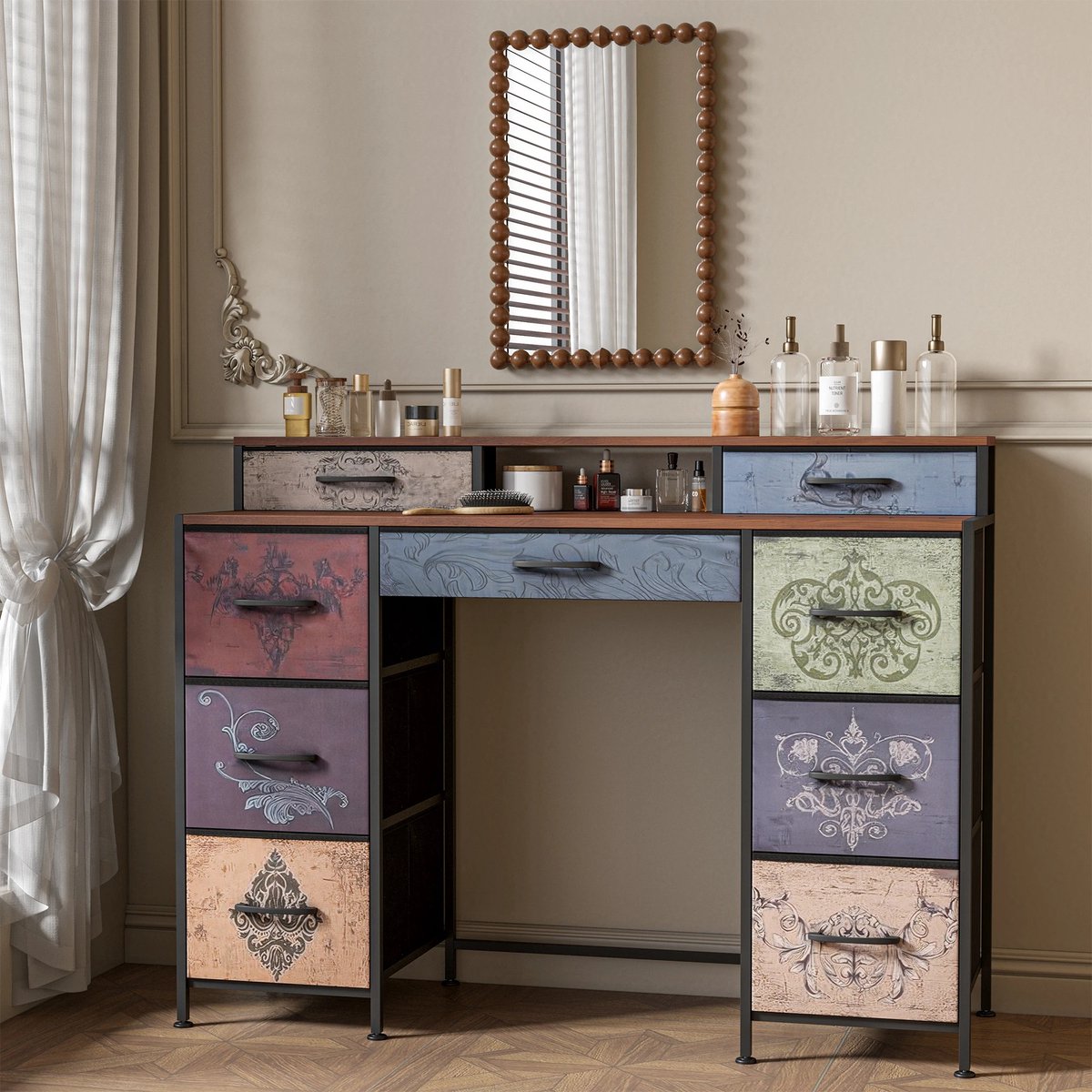 Mila Shop Kaptafel - 9 Lades - Opbergkist - Vintage - Houten look - Zwart metalen frame - Multi kleuren - 121x40x91.2cm