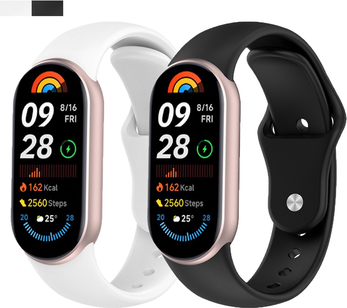 Stravo 2-Pack Siliconen Bandjes voor Xiaomi Smart Band 11 / 10 / 9 / 8 – Klassieke Sport Horlogebandjes met Druksluiting – Zwart + Wit