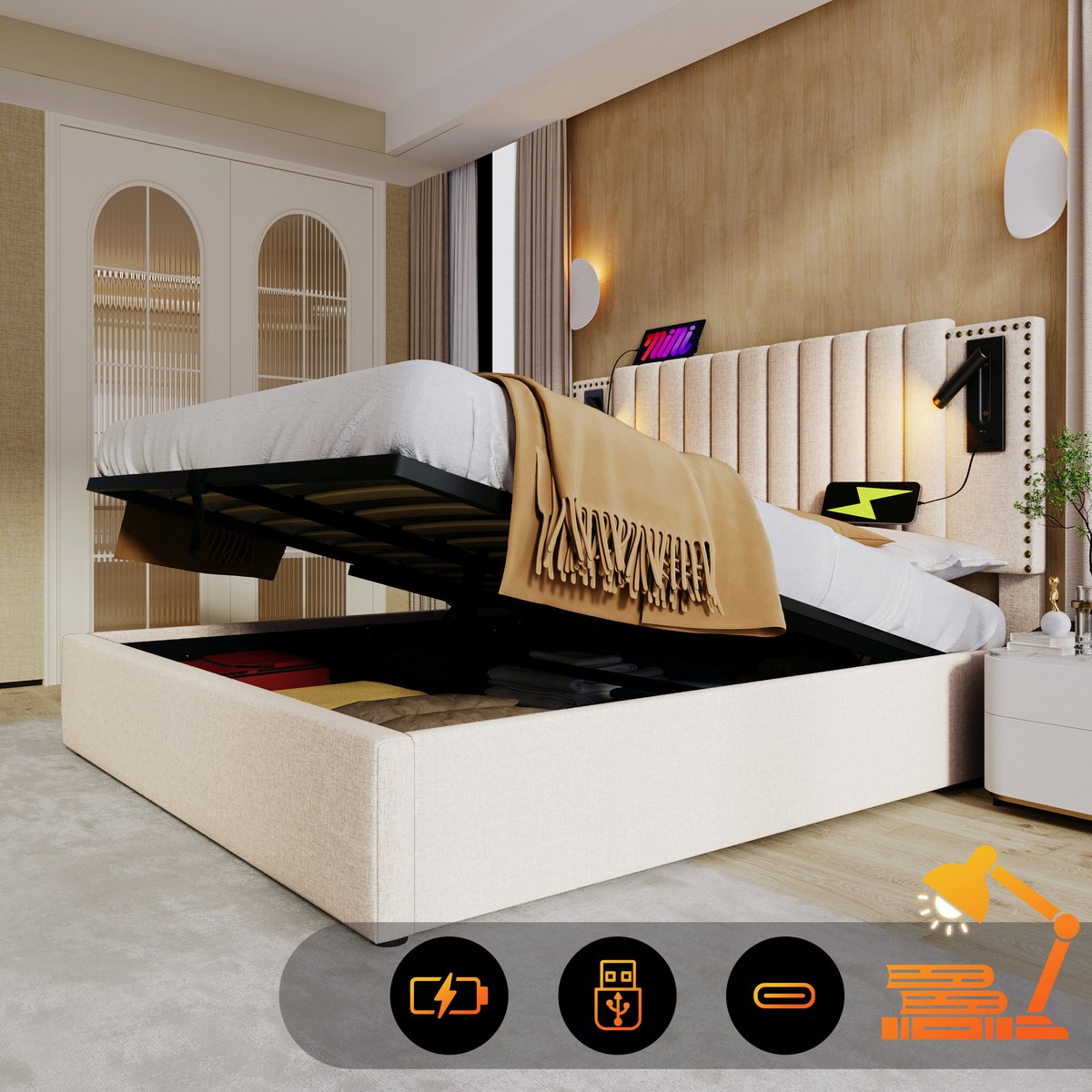 Polsterbed 180x200 - Katoen Beige - Opbergruimte met Bedlade - Leeslamp met USB-aansluitin