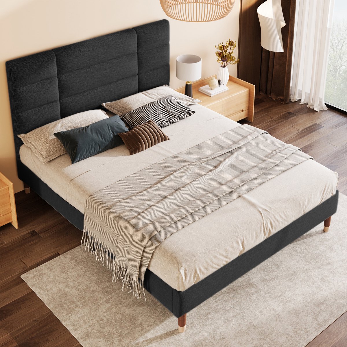 Polsterbed 140x200 cm - Tweepersoonsbed met lattenbodem - opgevuld bedframe met hoofdsteun - Zwart linnen voor volwassenen en tieners