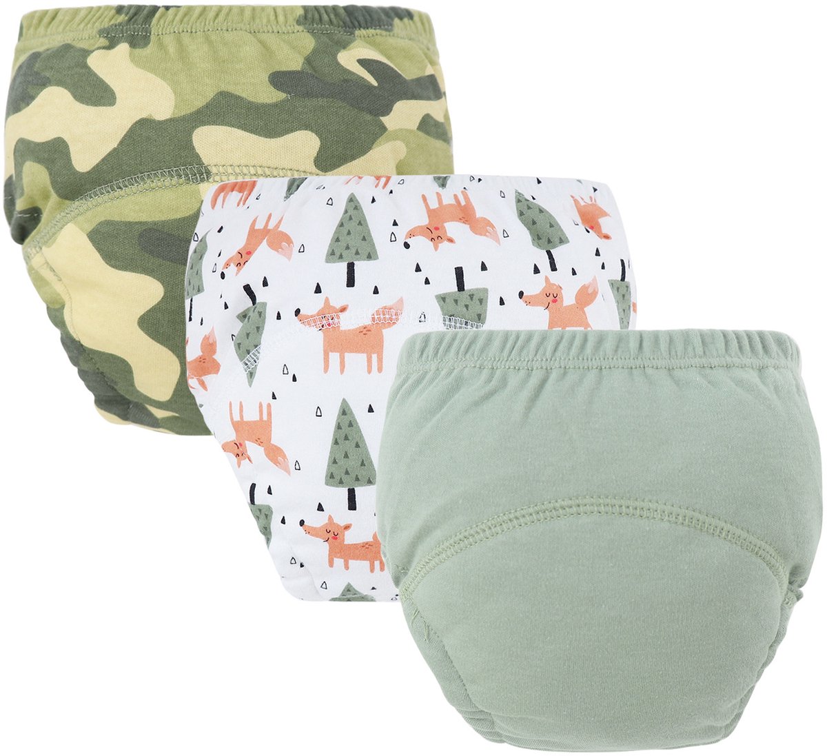Image of 3-pack baby katoenen trainingsbroekjes - herbruikbare peuter zindelijkheidstrainingsbroekjes - camouflage + smiley fox + rookgroen (luiers) - geschikt voor jongens en meisjes van 12-18 kg