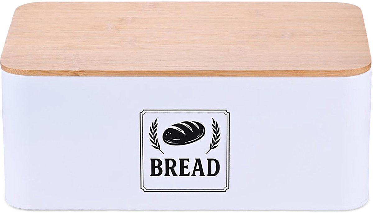 Broodtrommel aanrecht - 13,5 x 33 x 19 cm - metaal - bamboe deksel - wit