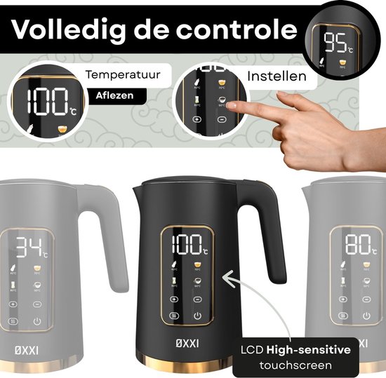 ØXXI® Waterkoker met Temperatuurregeling - Display - Retro Zwart - Dubbelwandig 1.7L - Geschikt voor Babyvoeding