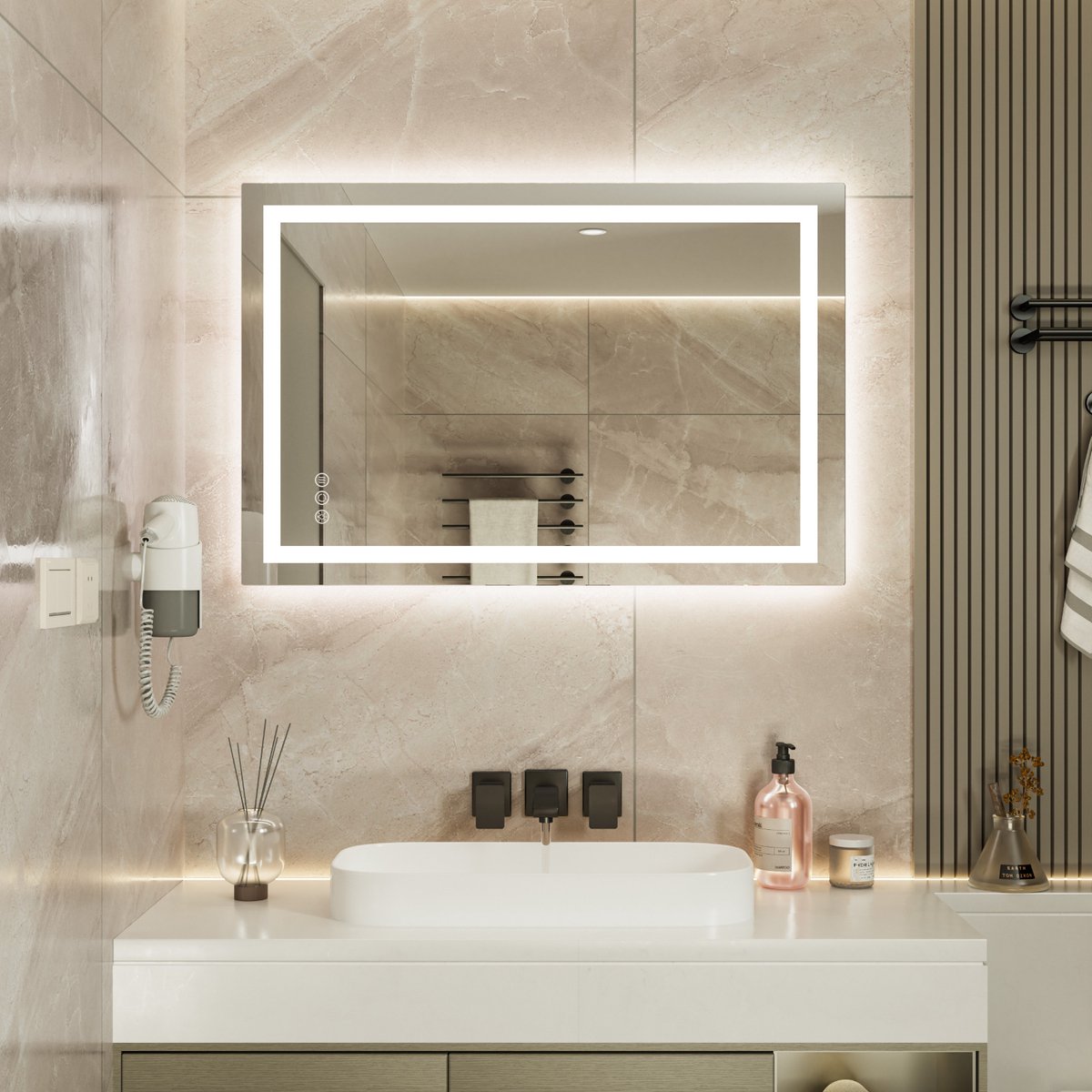 Auralum max - Badkamerspiegel met LED Verlichting - Badkamer Spiegel - Spiegel Badkamer - Spiegel Douche - Dimbaar - Wandspiegel - Badkamer/Make-up spiegel - Anti Condens Douchespiegel - Warm/Neutraal/Koud Wit - 90X60cm