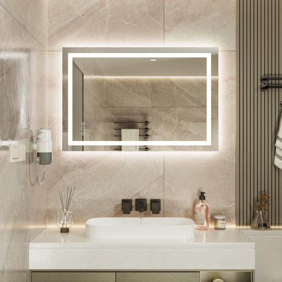 Auralum max - Badkamerspiegel met LED Verlichting - Badkamer Spiegel - Spiegel Badkamer - Spiegel Douche - Dimbaar - Wandspiegel - Badkamer/Make-up spiegel - Anti Condens Douchespiegel - Warm/Neutraal/Koud Wit - 90X60cm