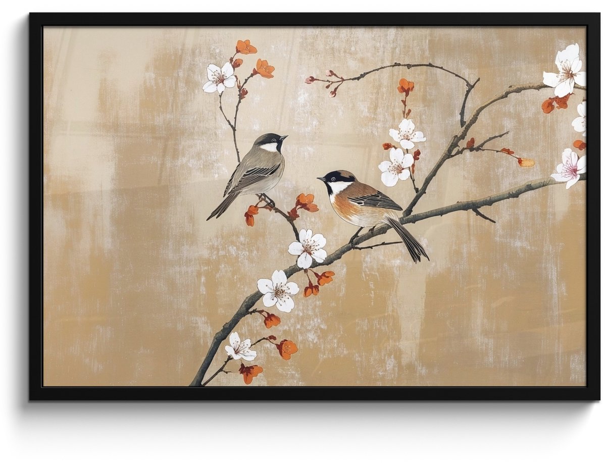 FrameYourWall Poster in lijst - Fotolijst 90x60 cm - Posters - Vogels - Bloesemtak - Bloemen - Oranje - Posterlijst zwart - Decoratie - Wanddecoratie woonkamer - Muurdecoratie slaapkamer