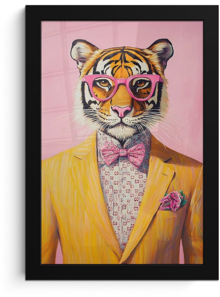 FrameYourWall Poster in lijst - Fotolijst 20x30 cm - Posters - Tijger - Bril - Geel - Jasje - Posterlijst zwart - Decoratie - Wanddecoratie woonkamer - Muurdecoratie slaapkamer