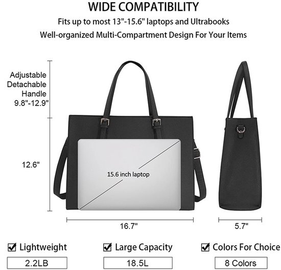 Zwarte laptoptas, breedte 42,4 cm, hoogte 32 cm, diepte 14,5 cm. Past op 13-15,6 inch laptops. Verstelbare hengsels.
