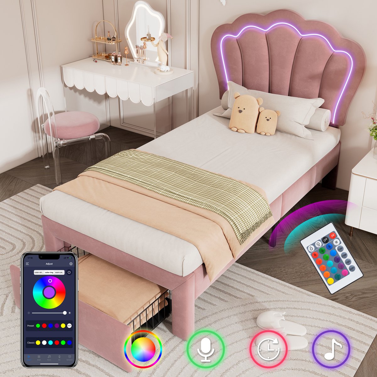SONNENH Kinderbed 90 x 200 cm - LED-verlichting via app - Uitschuifbare laden - Verstelbaar hoofdeinde Roze