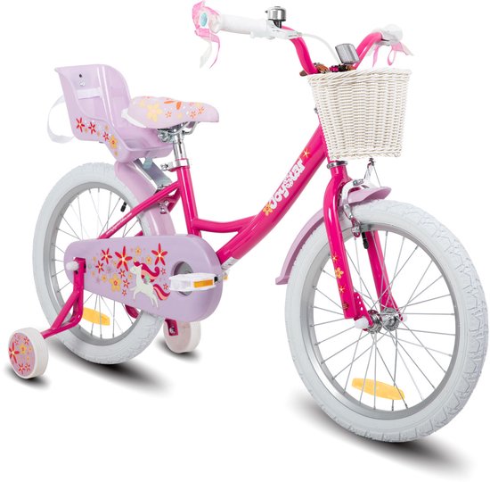 Joystar Unicorn Kinderfiets voor Meisjes - 18 Inch - Mand - Zijwieltjes - Bel - Handrem - Fuchsia - Geschikt voor buitenactiviteiten in de lente van JOYSTAR — afbeelding 2