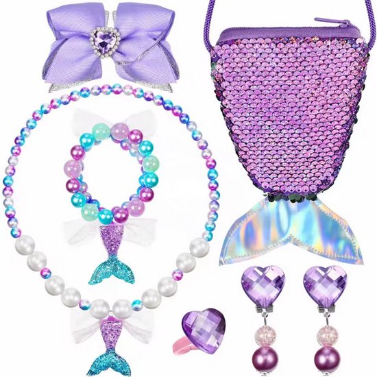 Zeemeermin Sieradenset met Schoudertasje en Strikje - Kinderketting Meisje - Oorbellen - Armband - Ring - Meisjes Sieraden - Paars - Geschenkset