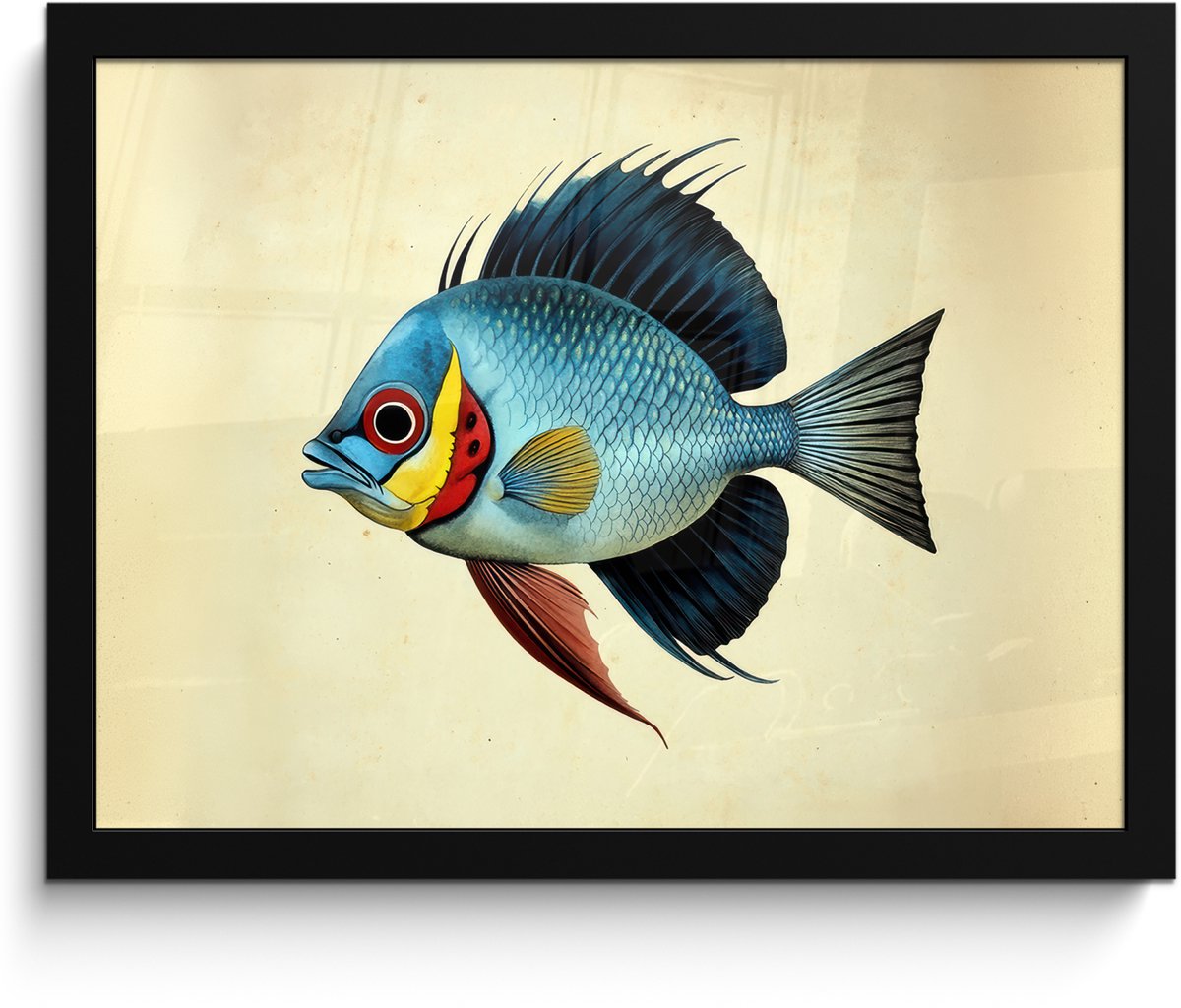 FrameYourWall Poster in lijst - Fotolijst 40x30 cm - Posters - Blauw - Kieuwen - Vis - Illustratie - Posterlijst zwart - Decoratie - Wanddecoratie woonkamer - Muurdecoratie slaapkamer