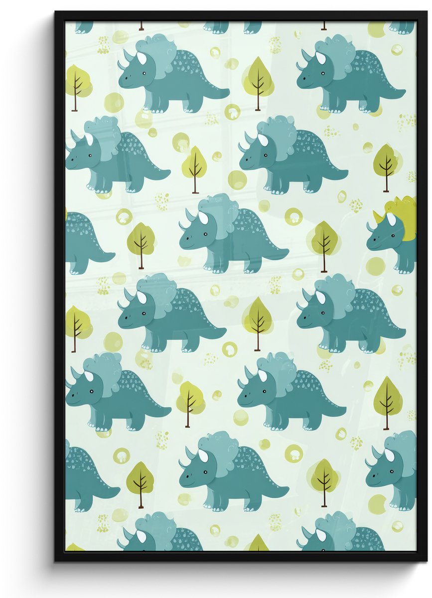 FrameYourWall Poster in lijst - Fotolijst 80x120 cm - Posters - Triceratop - Blauw - Stippen - Boompjes - Posterlijst zwart - Decoratie - Wanddecoratie woonkamer - Muurdecoratie slaapkamer