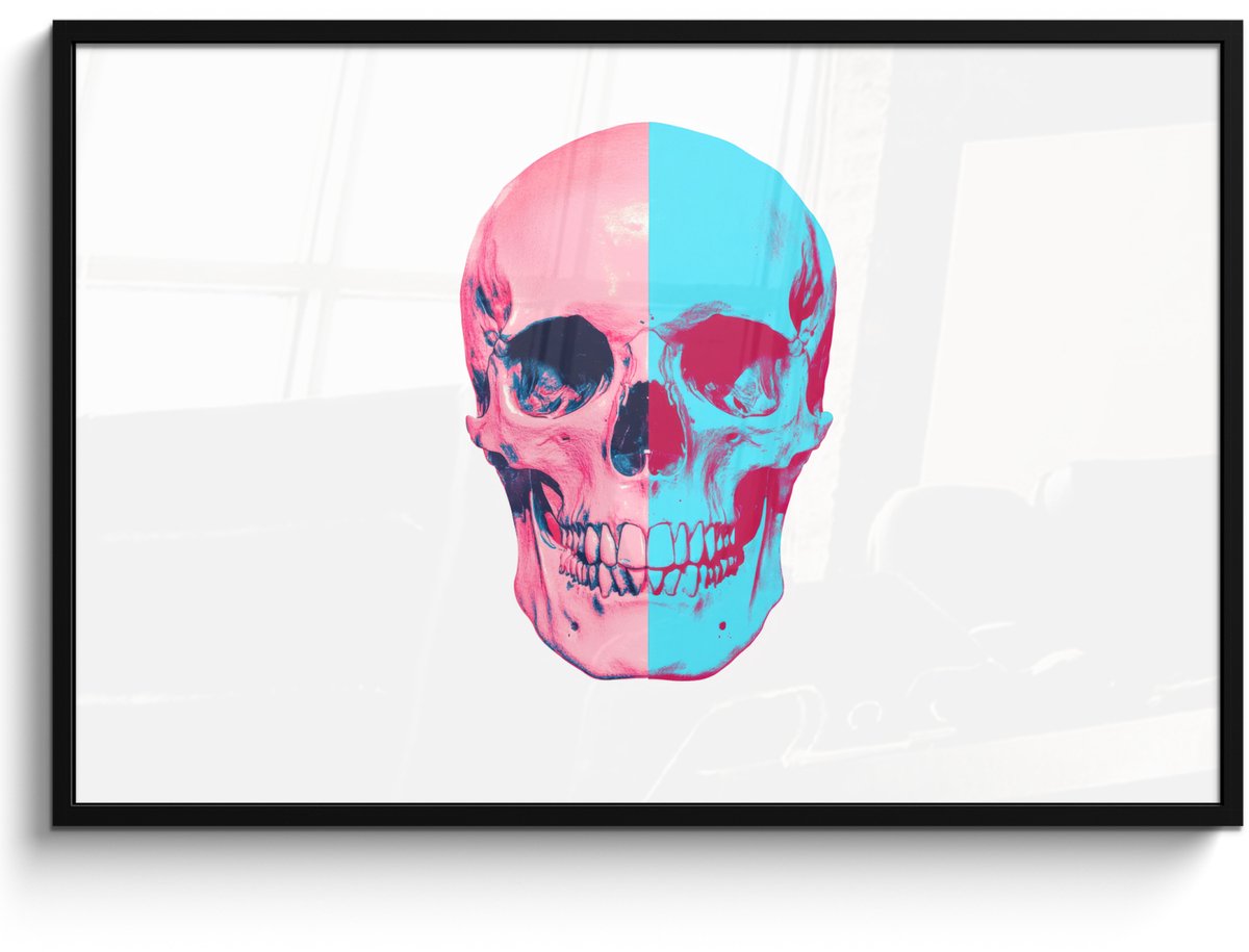 FrameYourWall Poster in lijst - Fotolijst 120x80 cm - Posters - Schedel - Grafisch - Roze - Verdeeld - Posterlijst zwart - Decoratie - Wanddecoratie woonkamer - Muurdecoratie slaapkamer