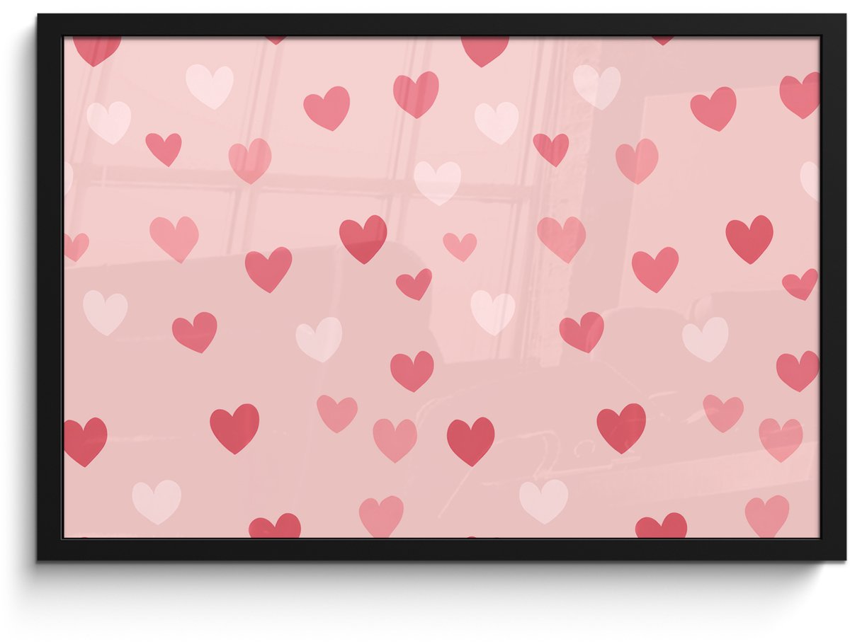 FrameYourWall Poster in lijst - Fotolijst 60x40 cm - Posters - Hartjes - Patroon - Roze - Eenvoudig - Posterlijst zwart - Decoratie - Wanddecoratie woonkamer - Muurdecoratie slaapkamer