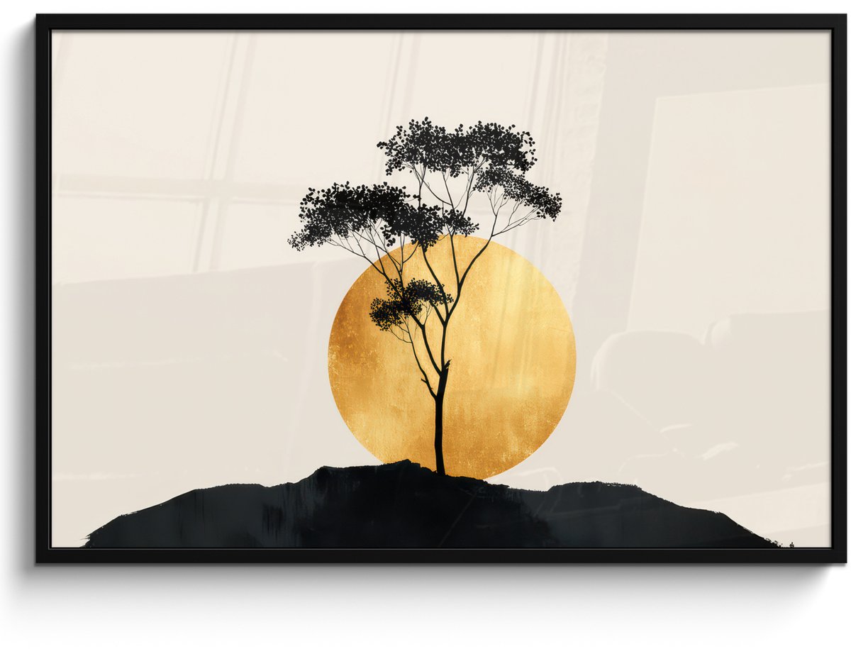 FrameYourWall Poster in lijst - Fotolijst 120x80 cm - Posters - Zwarte boom - Gouden cirkel - Heuvel - Posterlijst zwart - Decoratie - Wanddecoratie woonkamer - Muurdecoratie slaapkamer Boom - Cirkel - Heuvel