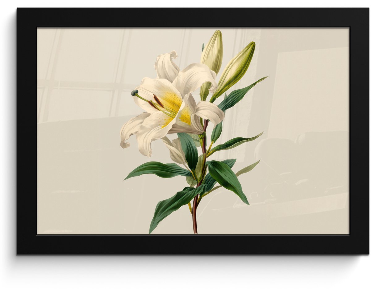 FrameYourWall Poster in lijst - Fotolijst 30x20 cm - Posters - Lelie - Elegant - Botanisch - Beige - Posterlijst zwart - Decoratie - Wanddecoratie woonkamer - Muurdecoratie slaapkamer