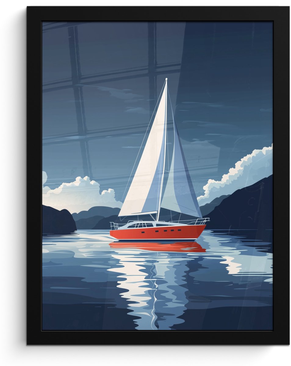 FrameYourWall Poster in lijst - Fotolijst 30x40 cm - Posters - Zeilboot - Donkere bergen - Stilte - Posterlijst zwart - Decoratie - Wanddecoratie woonkamer - Muurdecoratie slaapkamer Zeilboot - Wolken
