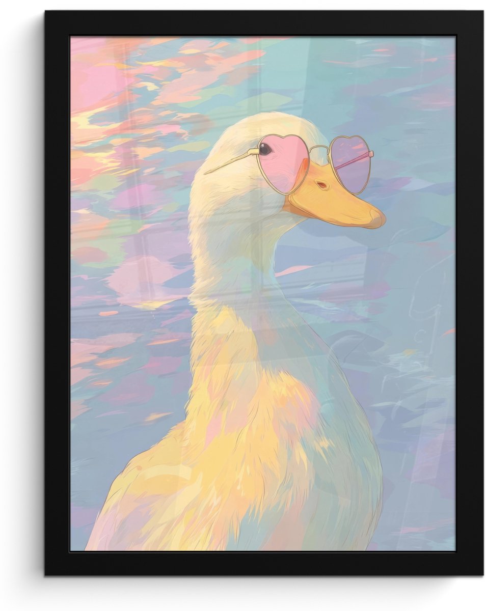 FrameYourWall Poster in lijst - Fotolijst 30x40 cm - Posters - Eend - Zonnebril - Water - Posterlijst zwart - Decoratie - Wanddecoratie woonkamer - Muurdecoratie slaapkamer