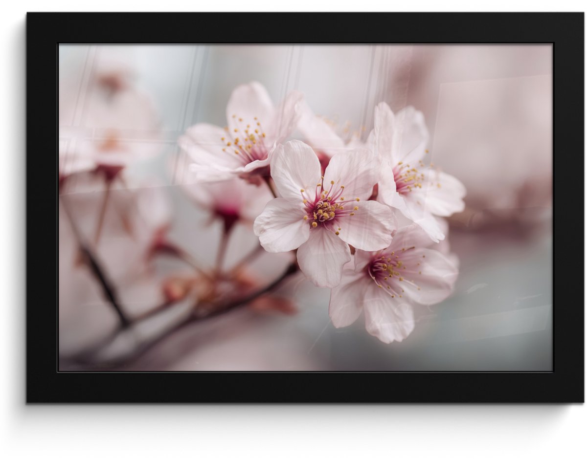 FrameYourWall Poster in lijst - Fotolijst 30x20 cm - Posters - Bloesems - Meeldraden - Geel - Wazig - Posterlijst zwart - Decoratie - Wanddecoratie woonkamer - Muurdecoratie slaapkamer